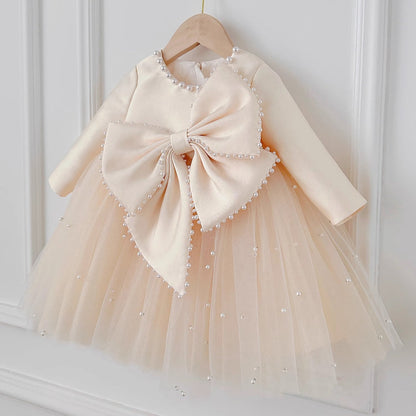 Elegant Baby Girl Long-sleeved Big Bow Pearl Tulle Dress Toddler First Communion Dress