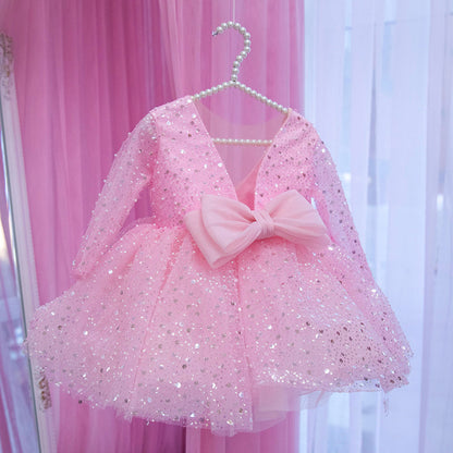 Pink Birthday Girl Dress Shinning Flower Girl Dress First Birthday Prom Dress