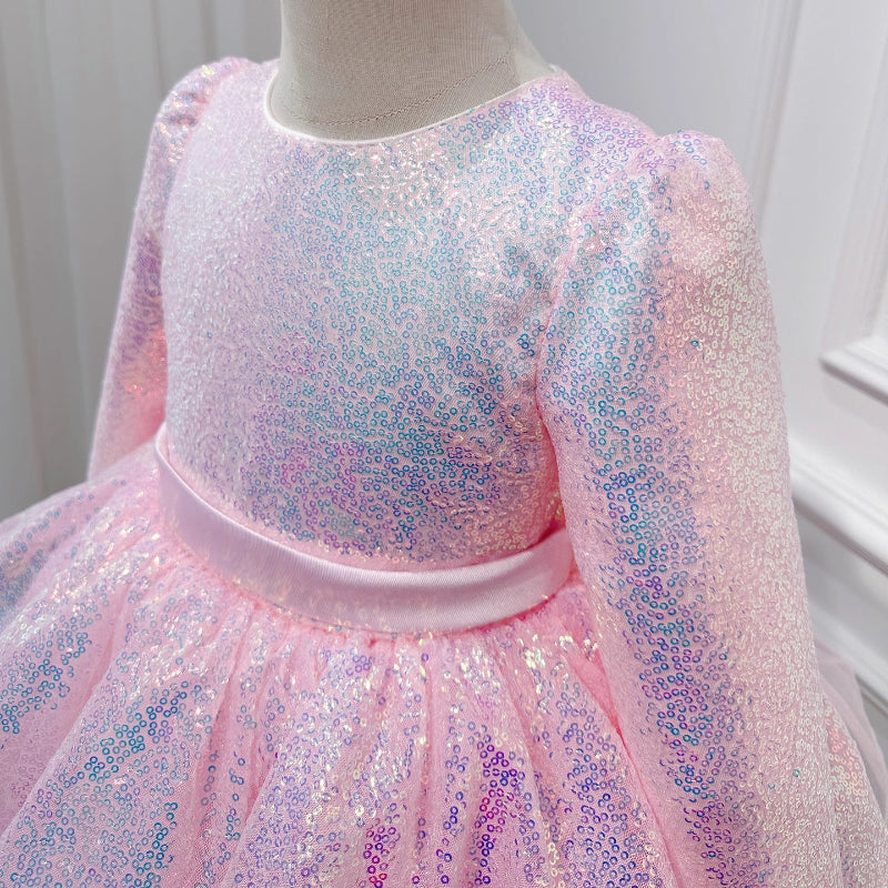 Elegant Baby Girls Pink Long Sleeve Sequin Cake Dress Girls New Year's Dress