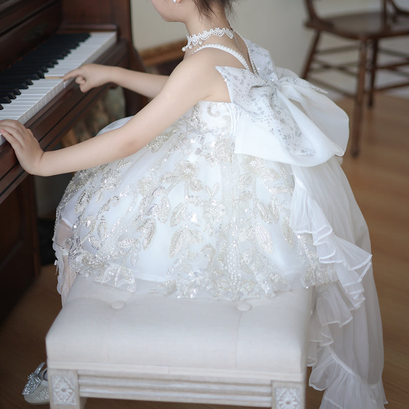 Elegant  Flower Girl White Dress Toddler Birthday Pageant Princess Dress