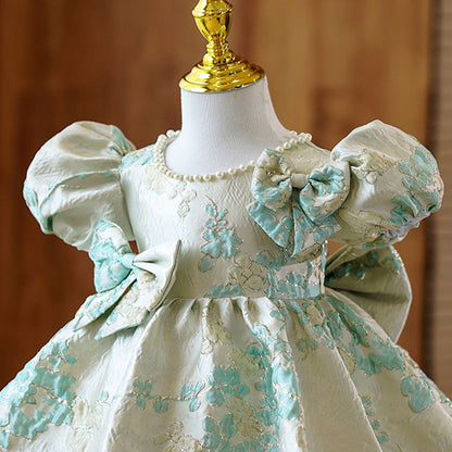 Elegant Baby Girls White Green Jacquard Pattern Puff Sleeve First Year Dress Princess Dresses For Girls