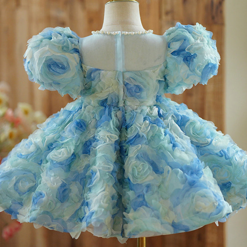 Girls Birthday Blue Rose Tutu Skirt Prom Dress