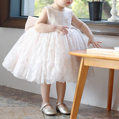 Sweet Baby Girls Sleeveless White Patterned Mesh Puffy Princess Dress Toddler Baptism Dresses