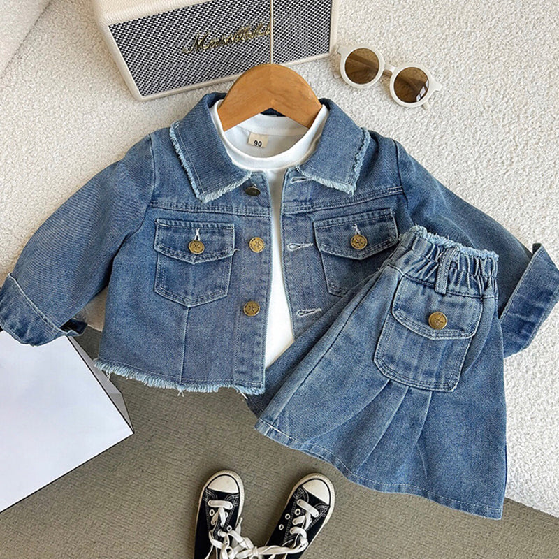 Retro Blue Long-sleeved Girls' Denim Jacket Pleated Skirt Suit Two-piece Set