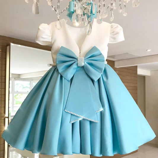 Elegant Baby Girls Bow Puff Sleeve Birthday Dress Toddler Baptism Dresses