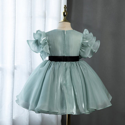 Elegant Baby Girls Turquoise Bow Fly Sleeve Puff Dress Toddler Birthday Costume Princess Dress