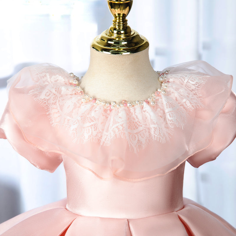 Elegant Baby Girls Pink Puff Sleeve Princess Dress Toddler First Communion Dress