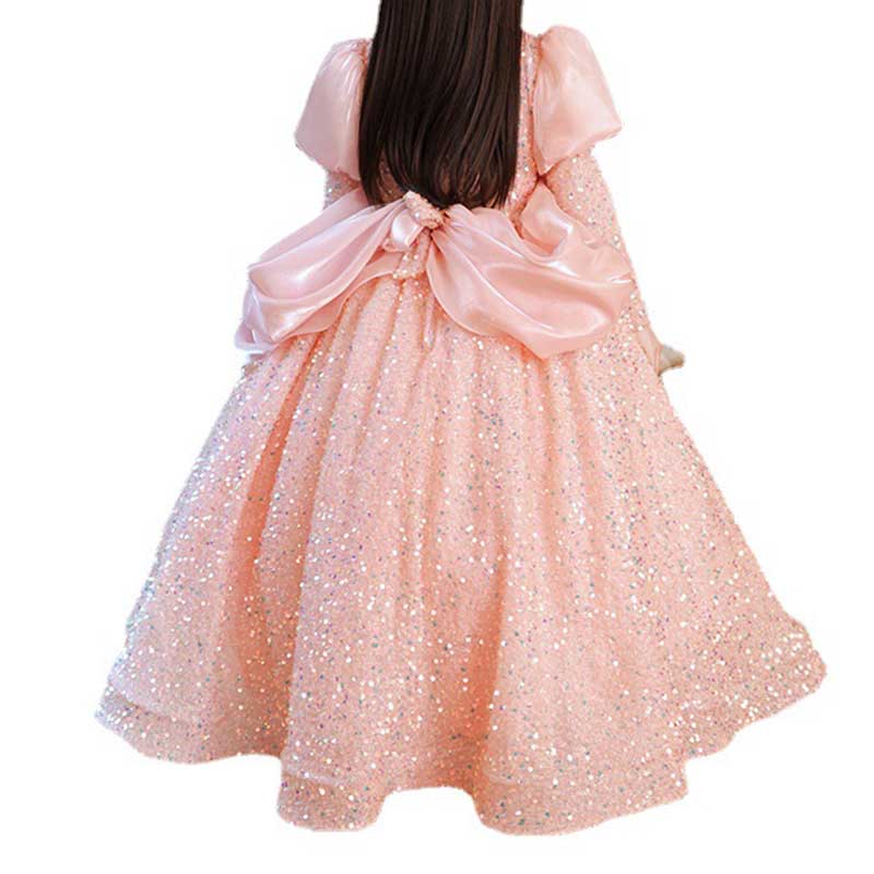 Little Girl Ball Gowns Girl Formal Pageant Bow Puff Sleeves Shiny Princess Dress