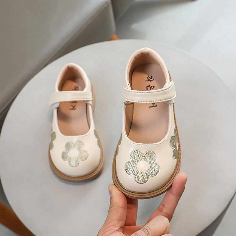 Girls' Small Leather Shoes with Flower Embroidery Princess