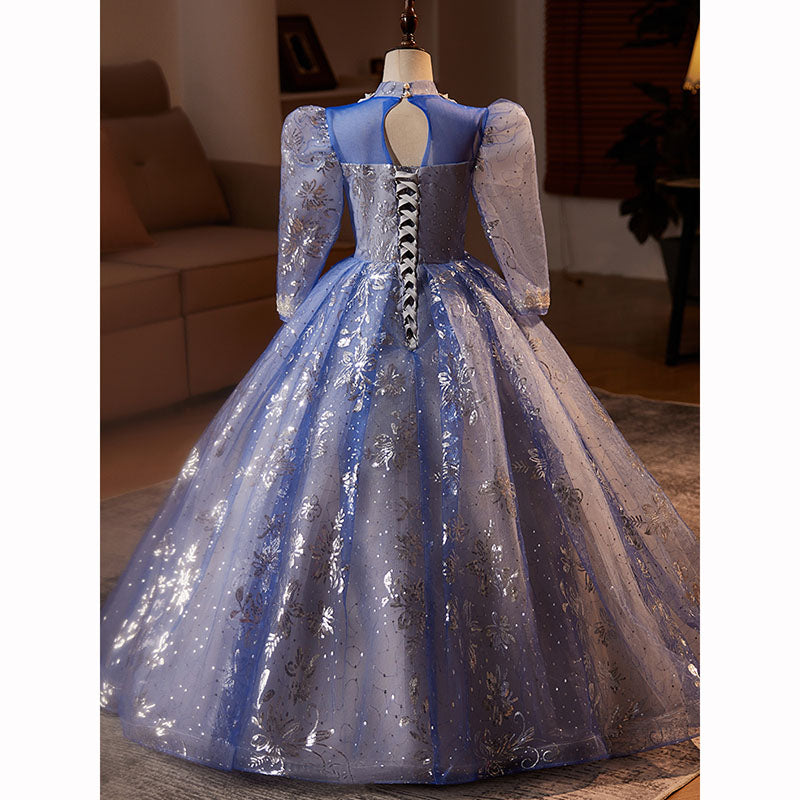 Elegant Baby Girls Blue Long Sleeve Embroidered Evening Dress ToddlerGirls Pageant Dresses