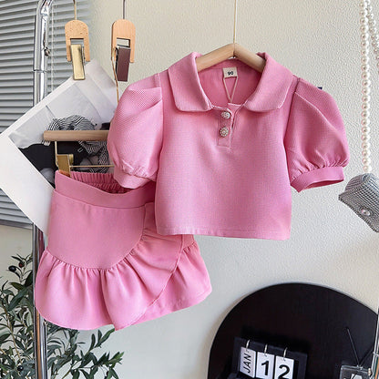 Girls Puff Lapel Short Sleeve Solid Color Skirt Two Piece Set