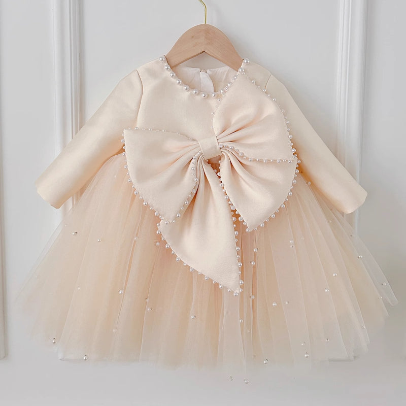 Elegant Baby Girl Long-sleeved Big Bow Pearl Tulle Dress Toddler First Communion Dress