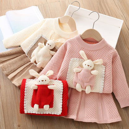 Girls Doll Knit Top Skirt Two-piece Sweater Set