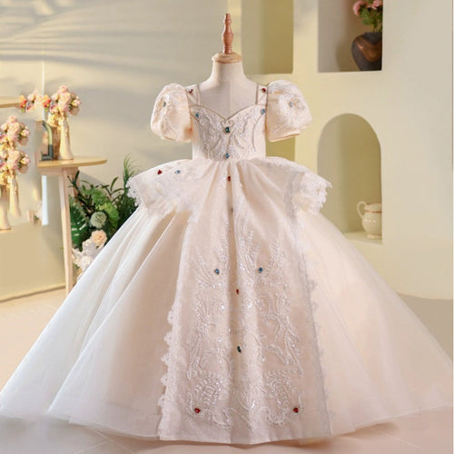 Elegant Baby Puff Sleeve Pattern Strappy Princess Dress Toddler's First Christening Dress