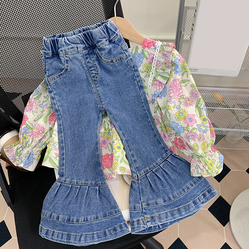 Floral Doll Collar Shirt Denim Bell Pants Suit