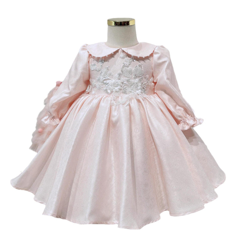 Elegant Baby Pink Doll Collar Puff Long Sleeve Patterned Princess Dress Toddler Pageant Dresses