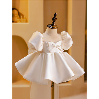 Flower Girl Dress Toddler Puff Sleeve Beaded Back Bow Baptism Princess Dress