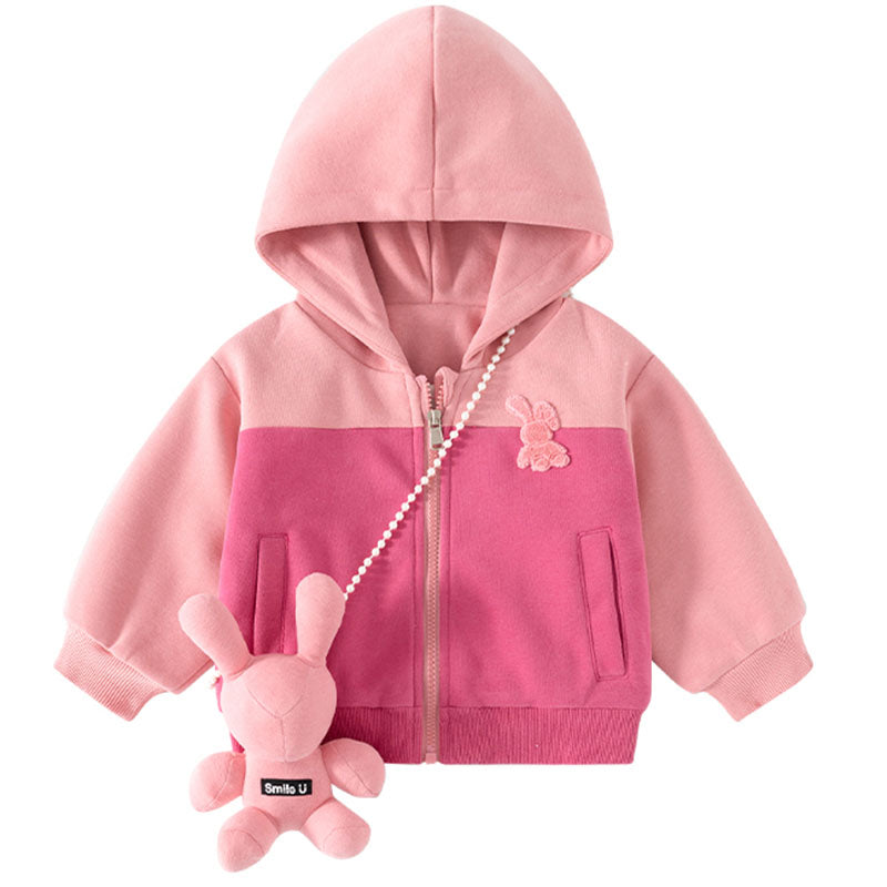 Girls Hoodie Jacket Baby Girl Pink Stitching Playful and Cute Autumn Hooded Top