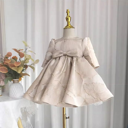 Elegant Baby One Year Old Long-sleeved Printed Satin Princess Dress Toddler's First Christening Dress