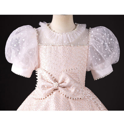 Girls Puff Sleeve Birthday Dress Pink Princess Dress with Bow