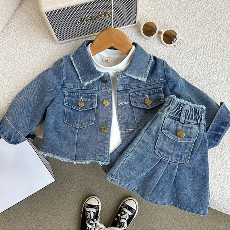 Retro Blue Long-sleeved Girls' Denim Jacket Pleated Skirt Suit Two-piece Set