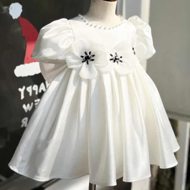 Sweet Baby Girls White Big Bow Puff Dress Toddler First Communion Dress