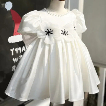 Sweet Baby Girls White Big Bow Puff Dress Toddler First Communion Dress