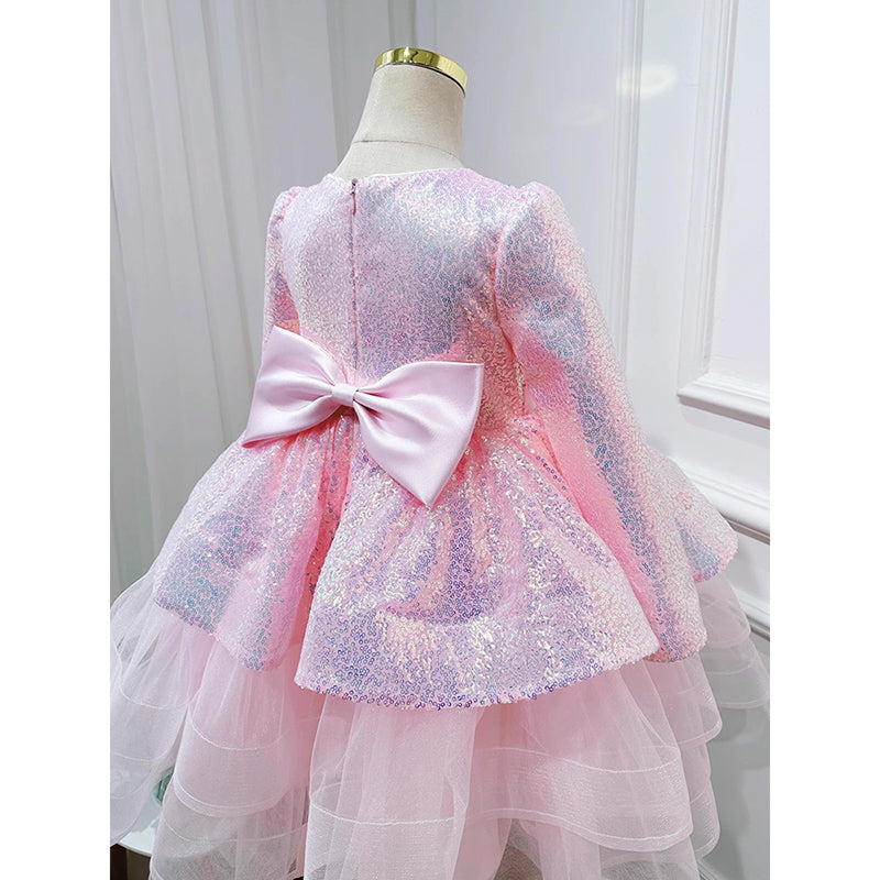 Elegant Baby Girls Pink Long Sleeve Sequin Cake Dress Girls New Year's Dress