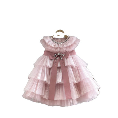 Elegant Baby Pink Bow Cake Birthday Dress Toddler First Birthday Dress