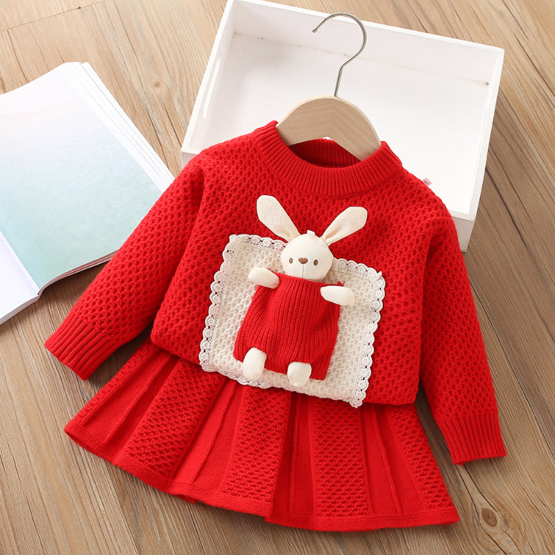 Girls Doll Knit Top Skirt Two-piece Sweater Set