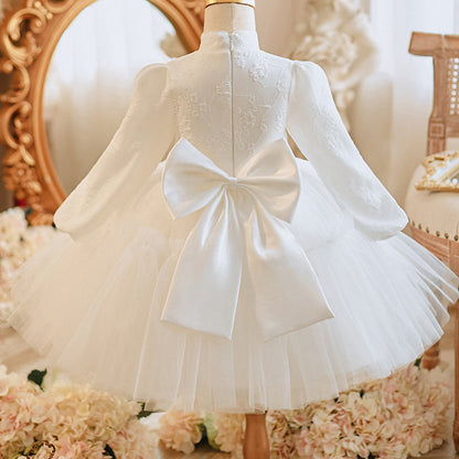 Retro Cute Girls  White Dress First Birthday Party Princess Dress