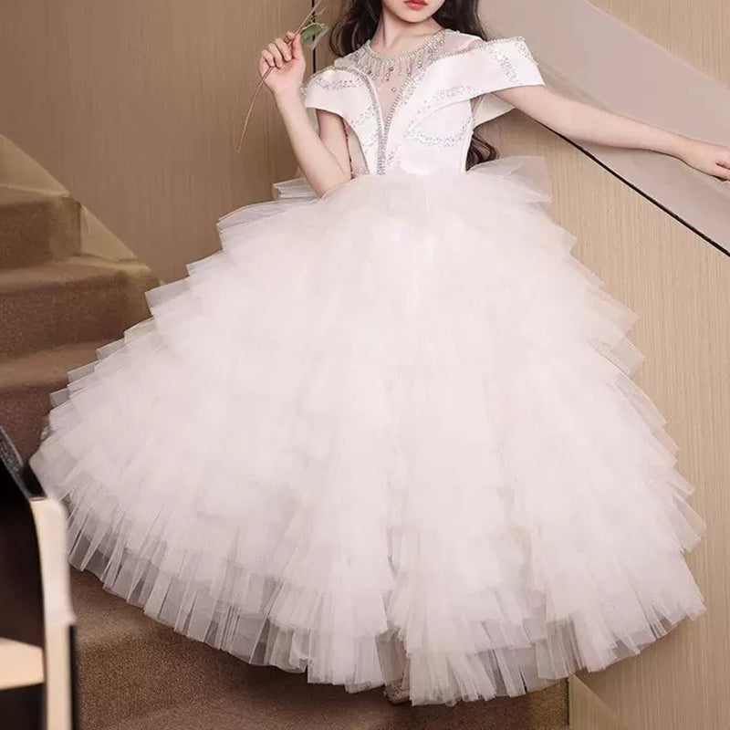 Elegant Baby White V-Neck Flower Girl Dress Toddler Puffy Princess Dress