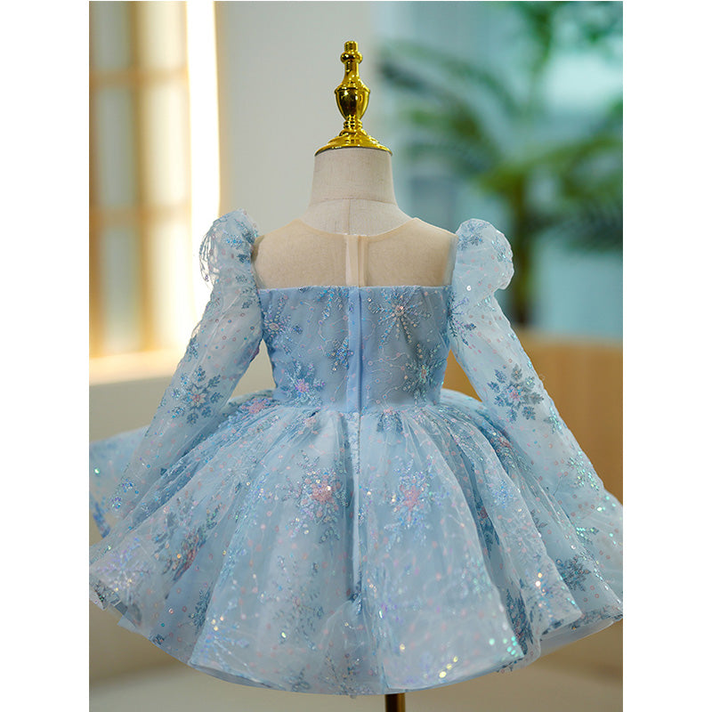 Flower Girl Dress Toddler Summer Long Sleeve Sequin Snowflake Fluffy Birthday Party Dress