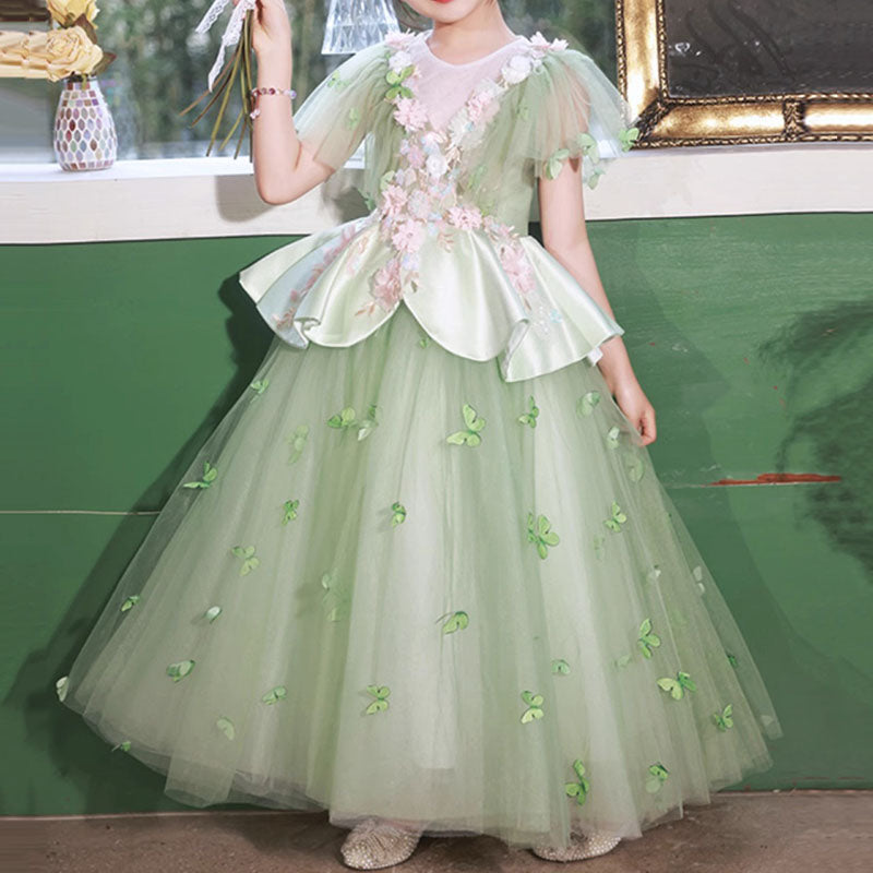 Elegant Baby Girls Green Floral Puff Sleeve Evening Dress Toddler Flower Girl Dresses