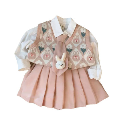 Rabbit Vest White Shirt Solid Color Pleated Skirt Three-piece Set