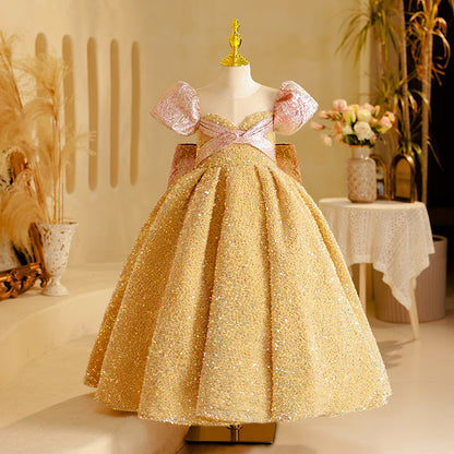 Flower Girl Dress Children Bow Sequins Beauty Pageant Princess Dress