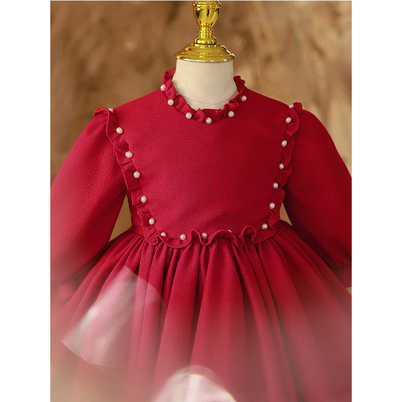 Girl Christmas Dress Flower Girl Dress Toddler Prom Communion Red Beadwork Birthdate Princess Dress