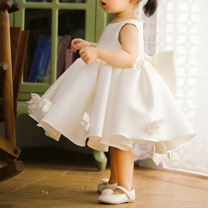 Elegant Baby White Bow Birthday Puffy Dresses Toddler Christening Dresses