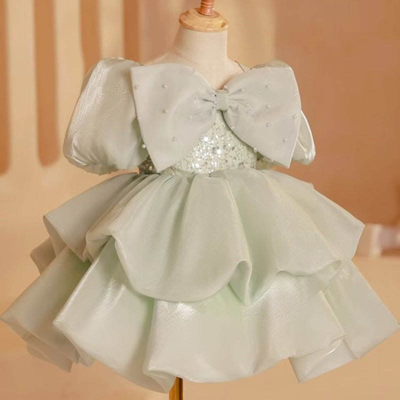 Elegant Baby Girls Green Puff Sleeve Beauty Pageant Dress Toddler Birthday Costume Princess Dress