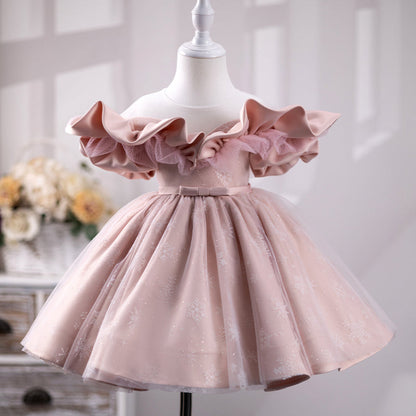 Elegant Baby Girls One Shoulder Pink Puffy Princess Dress Toddler Baptism Dresses