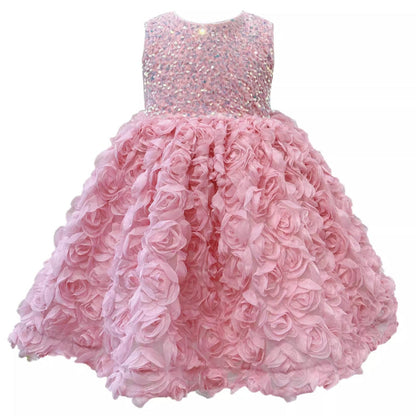 Elegant Baby Girls Sleeveless Three-dimensional Rose Formal Dresses Toddler Party Dresses Princess Dress