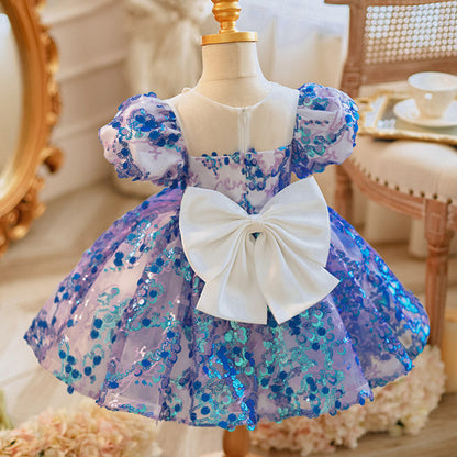 Toddler Ball Gowns Girl Fluffy Dress Blue Sequins Party Communion Princess Dress