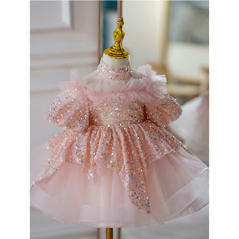 Toddler Prom Dress Girl Summer Pink Birthday Party Net Yarn Sequin Puffy Dress