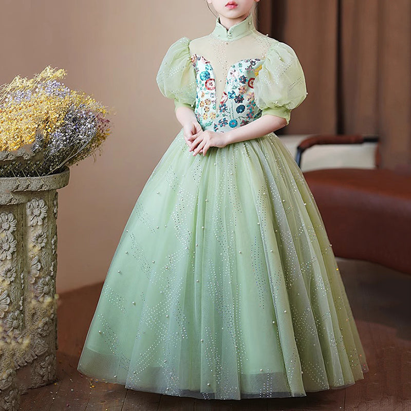 Elegant Baby Green Sequined Mesh Puffy Party Princess Dress Little Girl Dresses