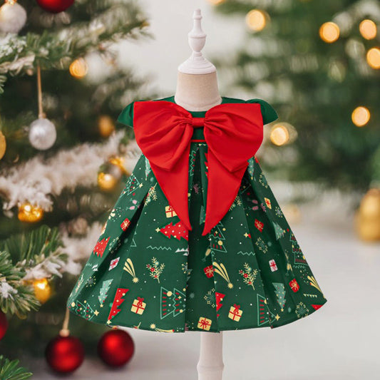 Printing Bow Christmas Dress Baby Girl Christmas Dress Cute Christmas Dress