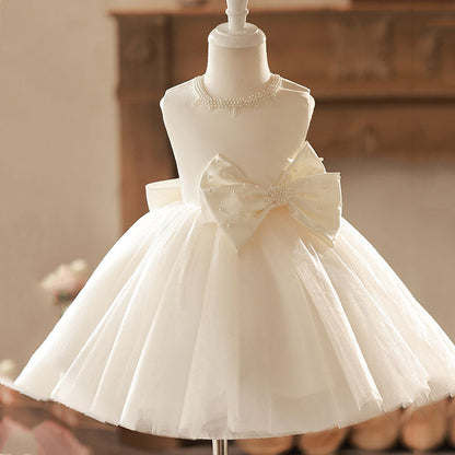 Flower Girl Dress Toddler Sleeveless Pageant Neckline Bow with Pearls Princess Dress