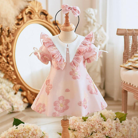 Sweet Baby Girls Pink Floral Doll Collar Birthday Dress Toddler Princess Dress