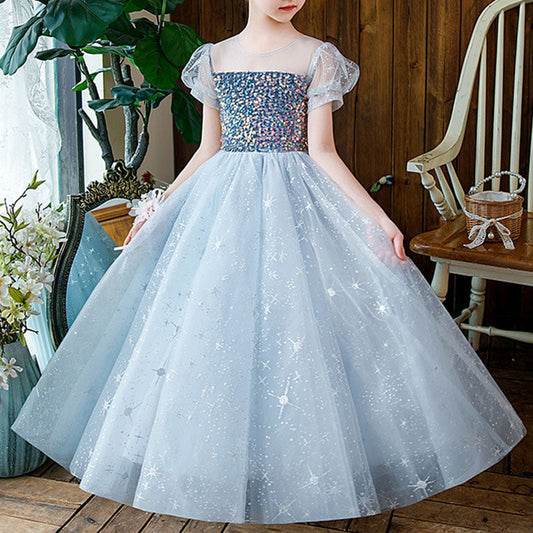 Elegant Baby Girls Blue Puff Sleeve Sequined Mesh Flower Girl Princess Dress Toddler Girls Pageant Dresses