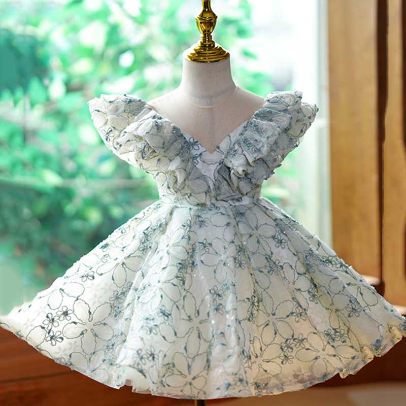 Little Girl Dress Toddler Small Fly Sleeve Wedding Pageant Flower Zip Fluffy Princess Dress