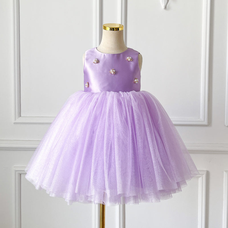 Elegant Baby Girls Lilac Satin Tulle Princess Dress Toddler Birthday Dresses